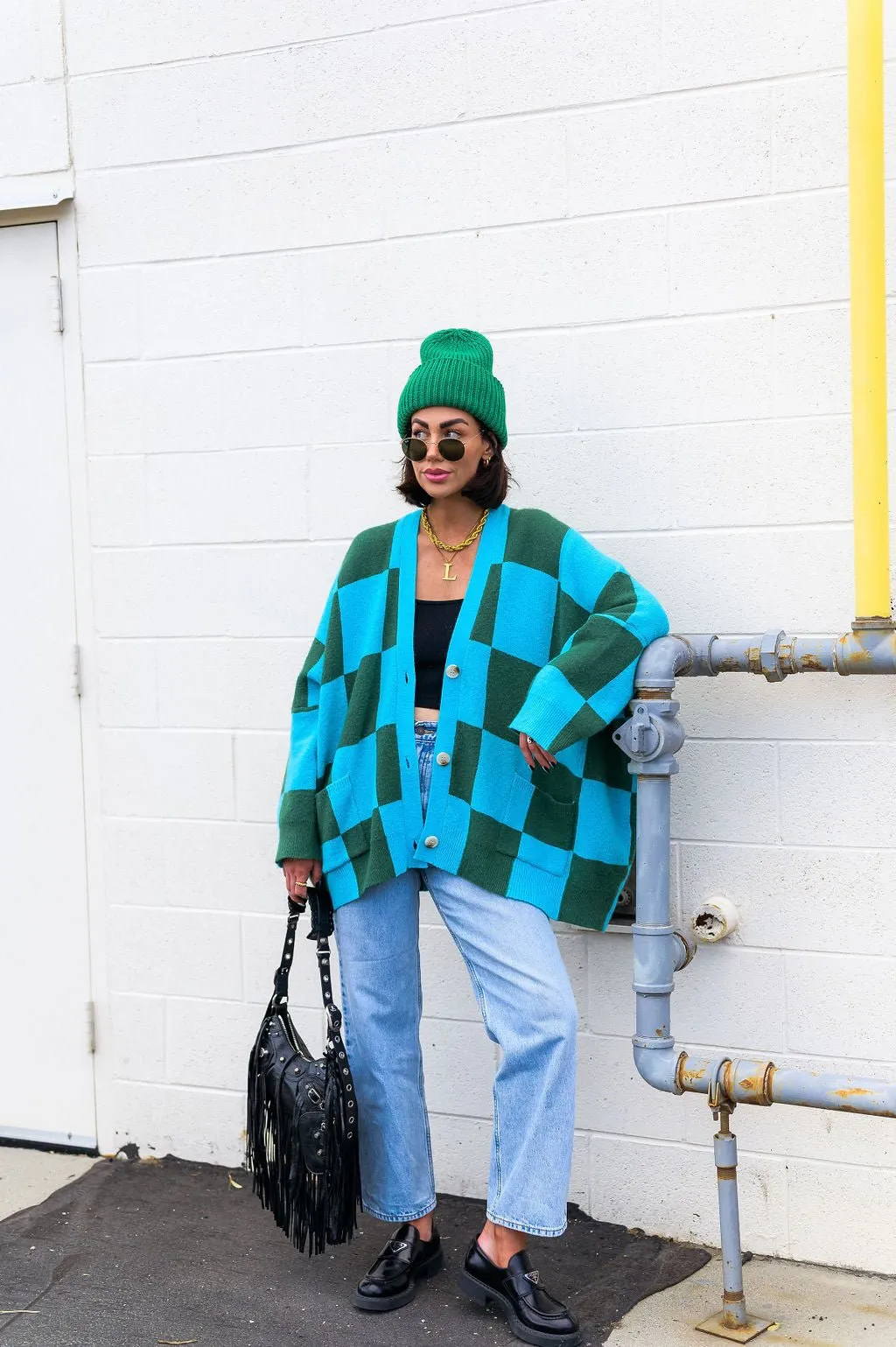 Love You Oversized Checkerboard Cardigan in Emerald   Sky