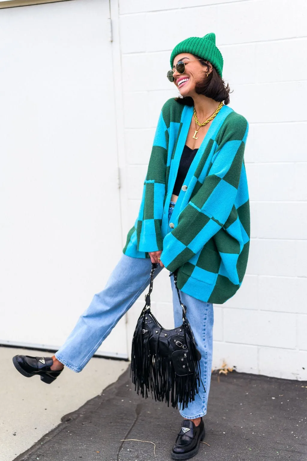 Love You Oversized Checkerboard Cardigan in Emerald   Sky