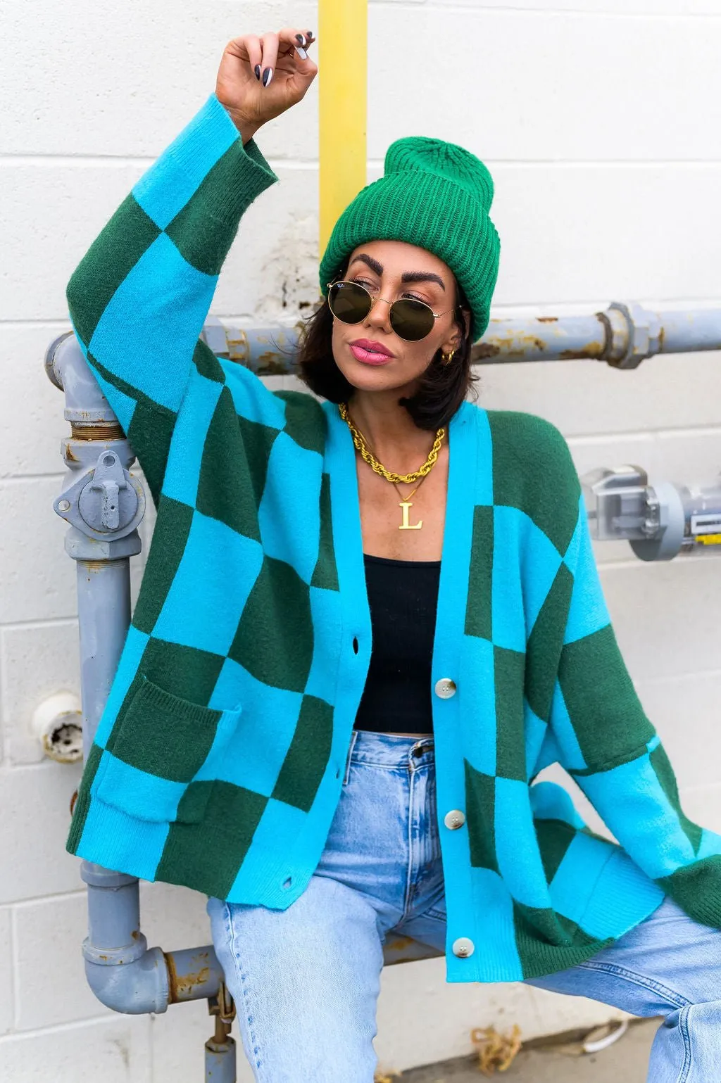 Love You Oversized Checkerboard Cardigan in Emerald   Sky