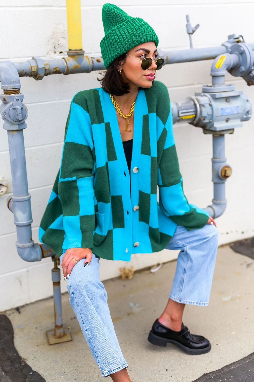 Love You Oversized Checkerboard Cardigan in Emerald   Sky