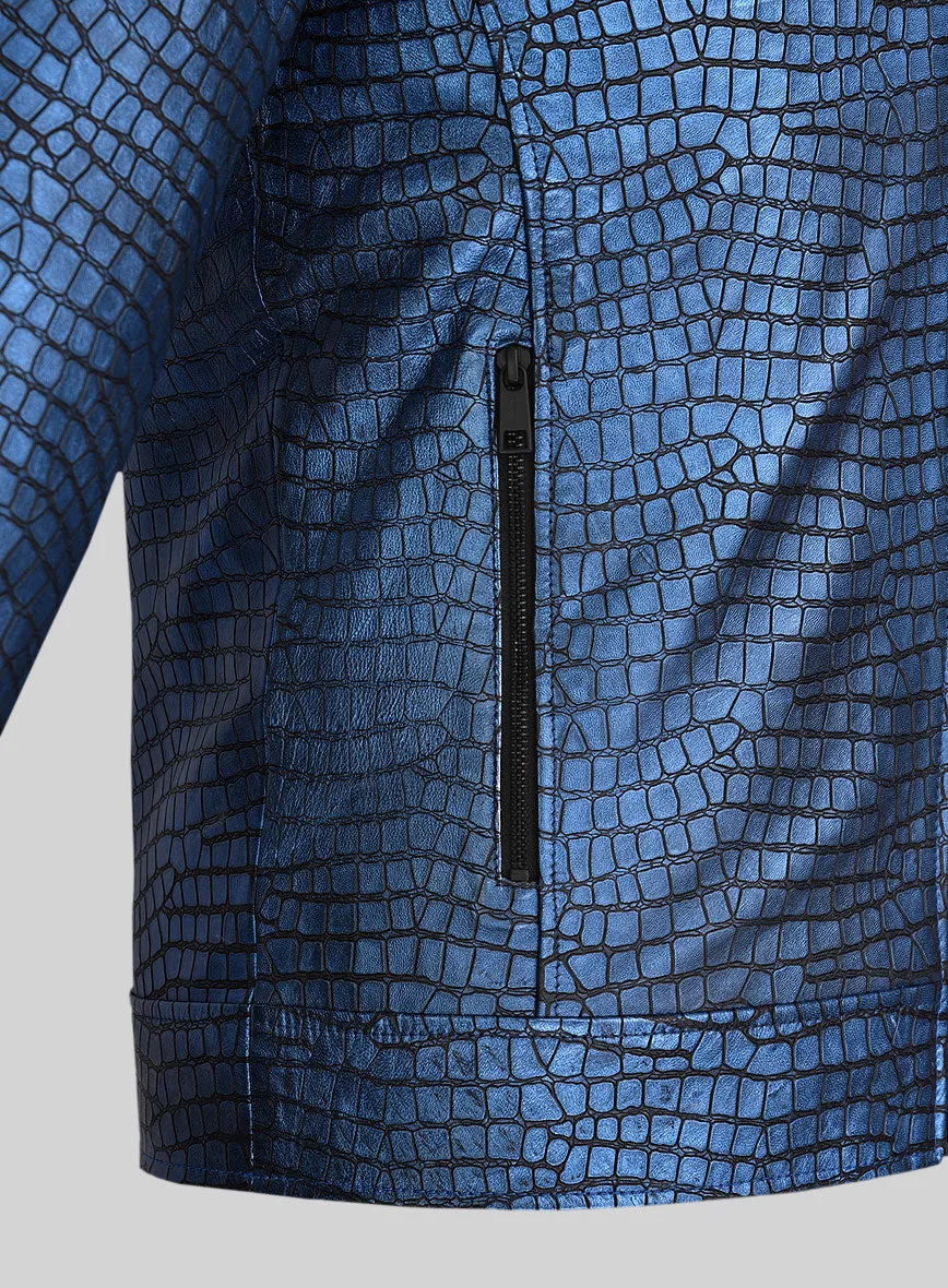 Lustrous Croc Metallic Blue Leather Jacket