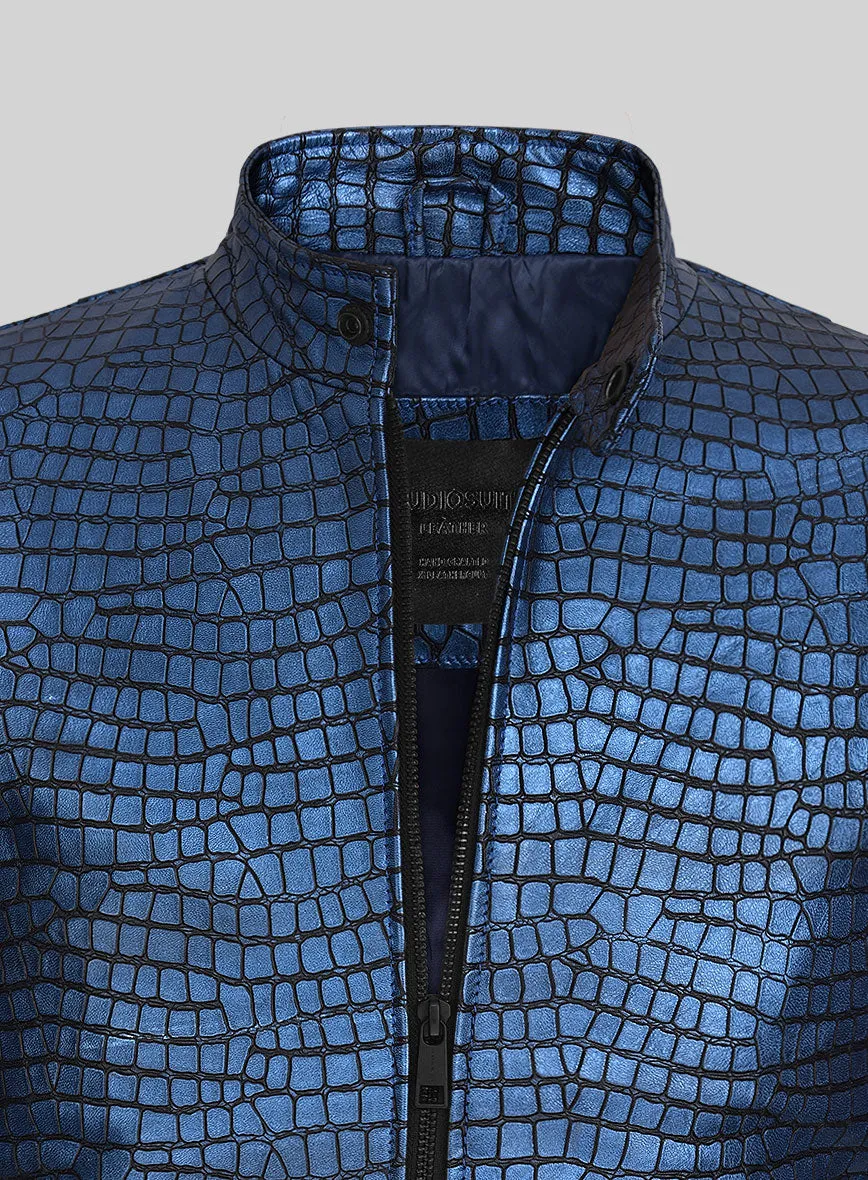 Lustrous Croc Metallic Blue Leather Jacket