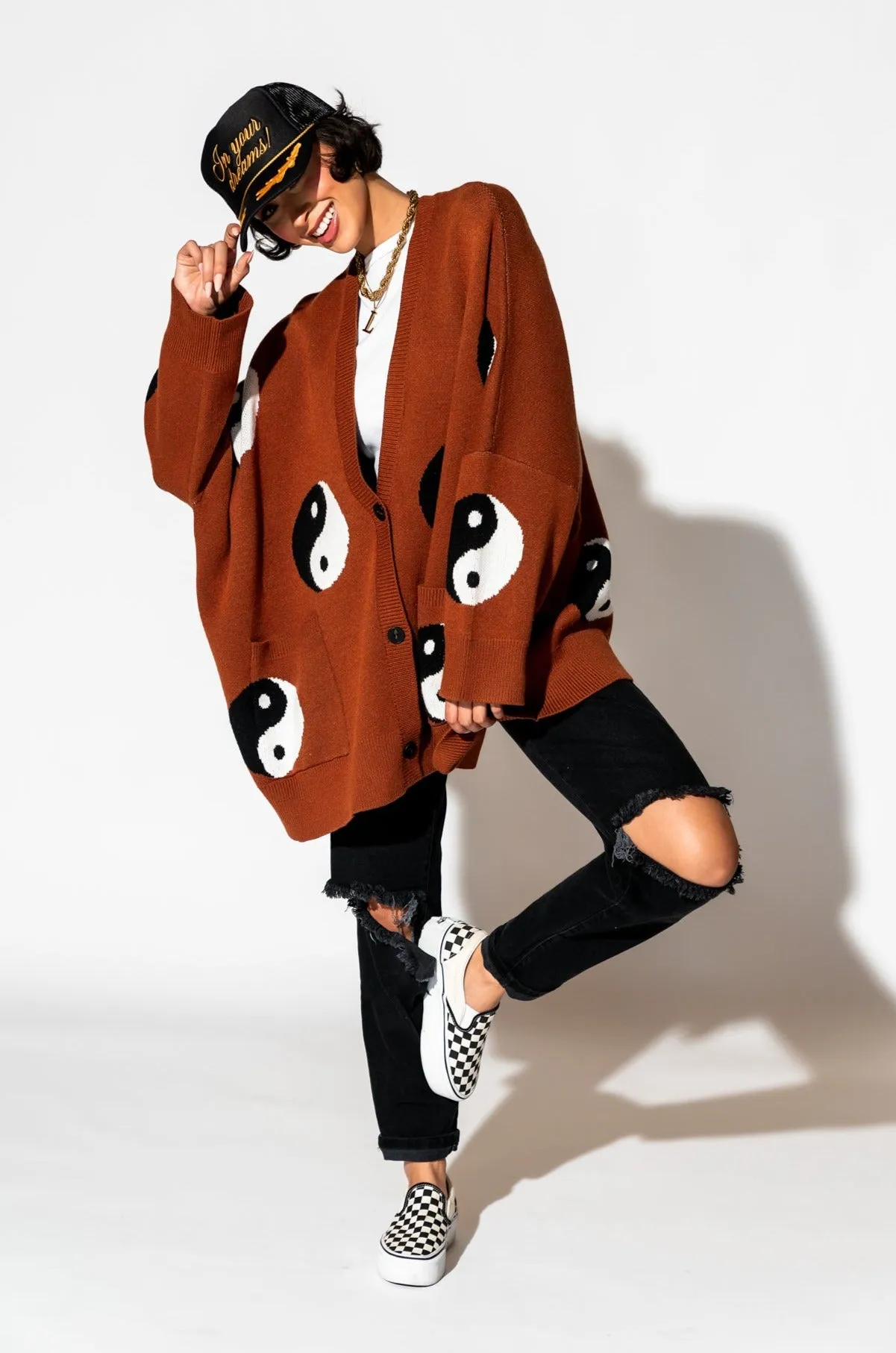 Main Character Energy Oversized Yin Yang Cardigan in Cinnamon