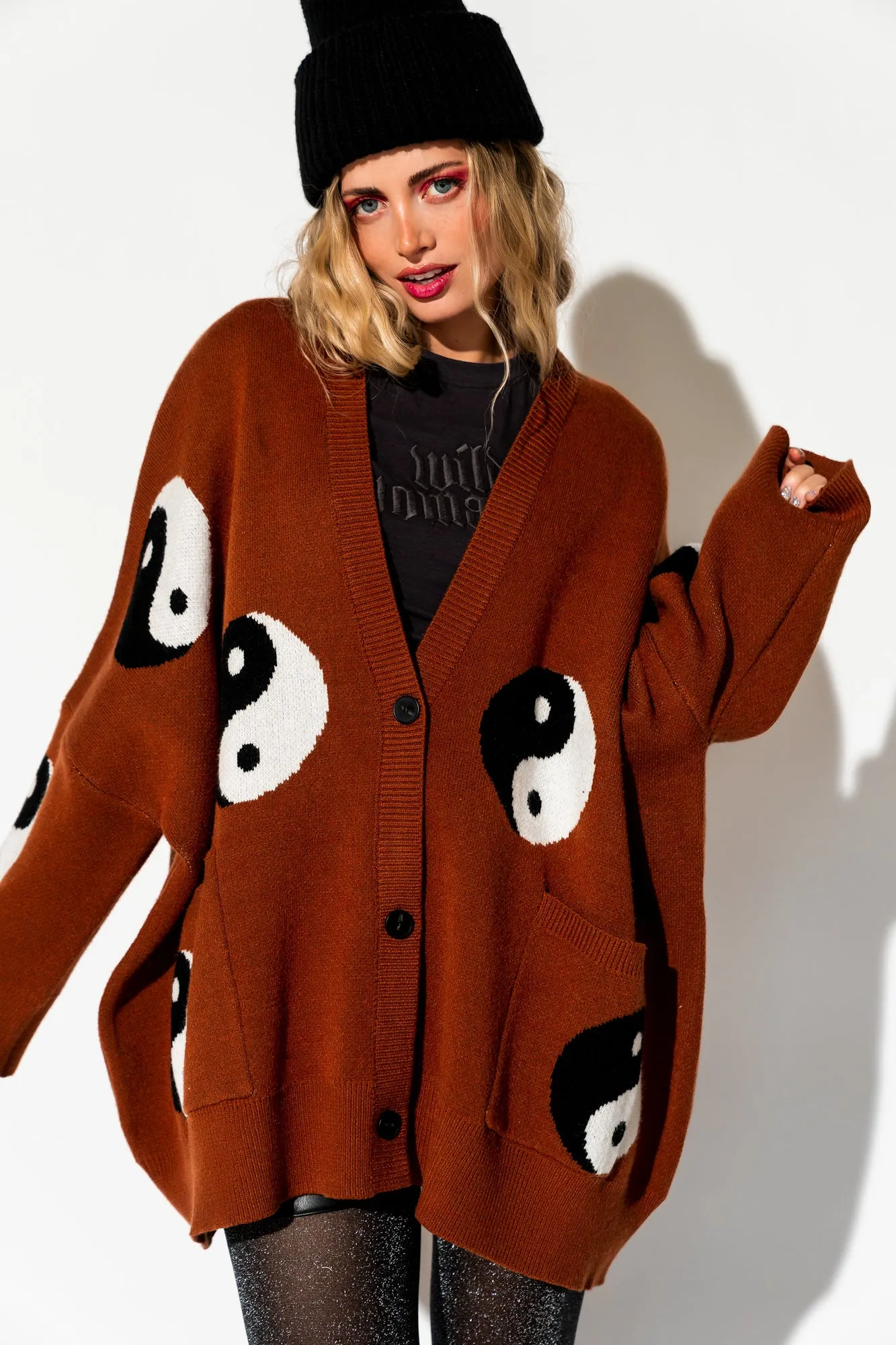 Main Character Energy Oversized Yin Yang Cardigan in Cinnamon