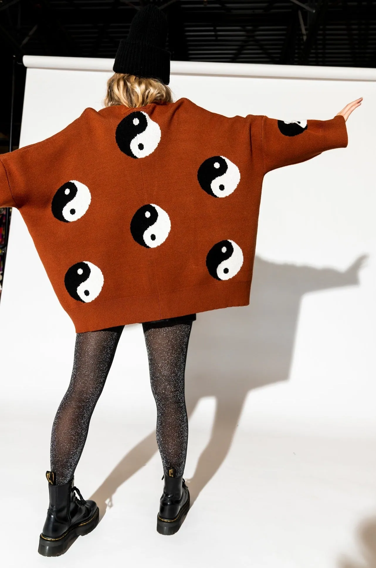 Main Character Energy Oversized Yin Yang Cardigan in Cinnamon