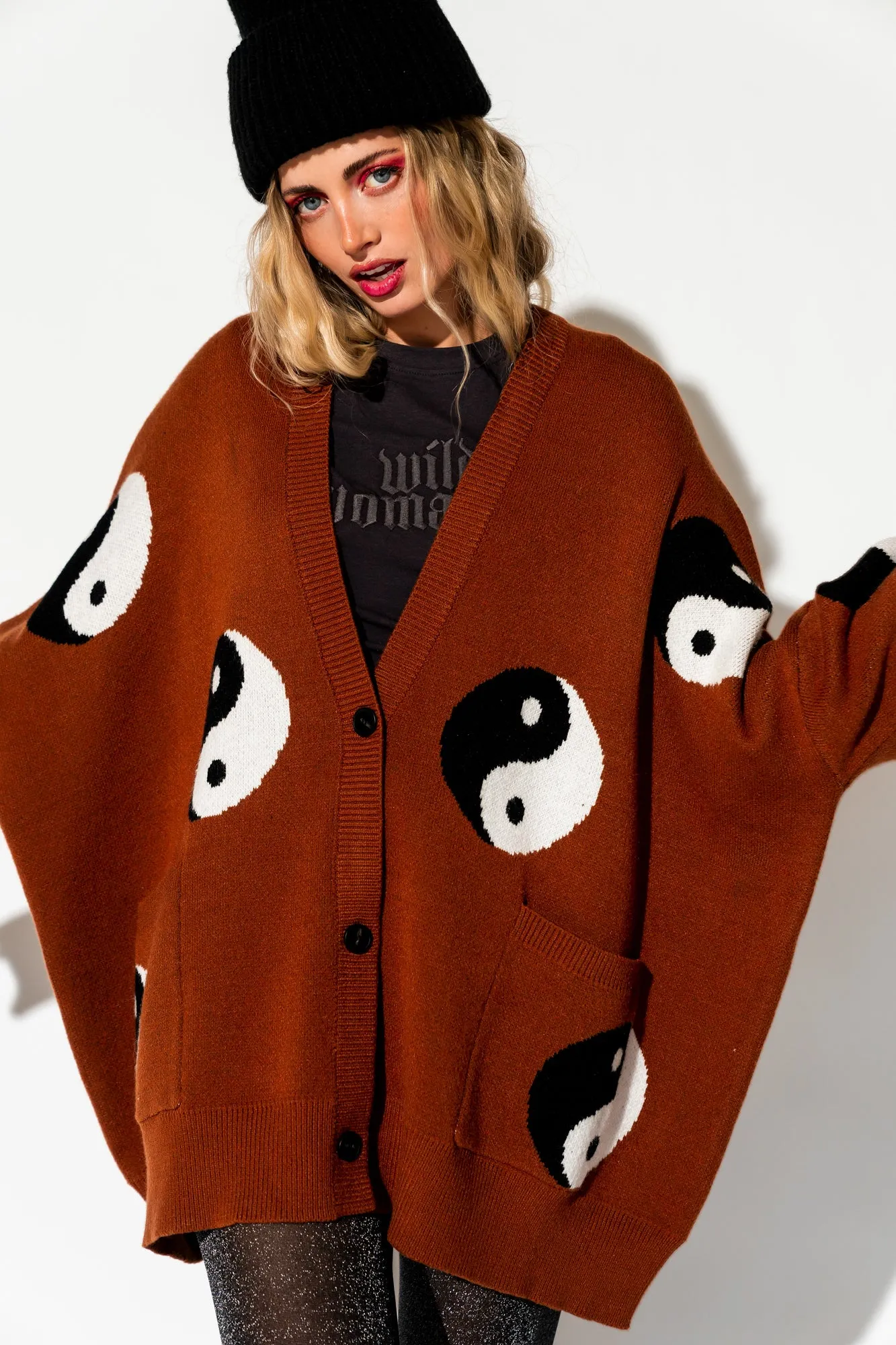 Main Character Energy Oversized Yin Yang Cardigan in Cinnamon