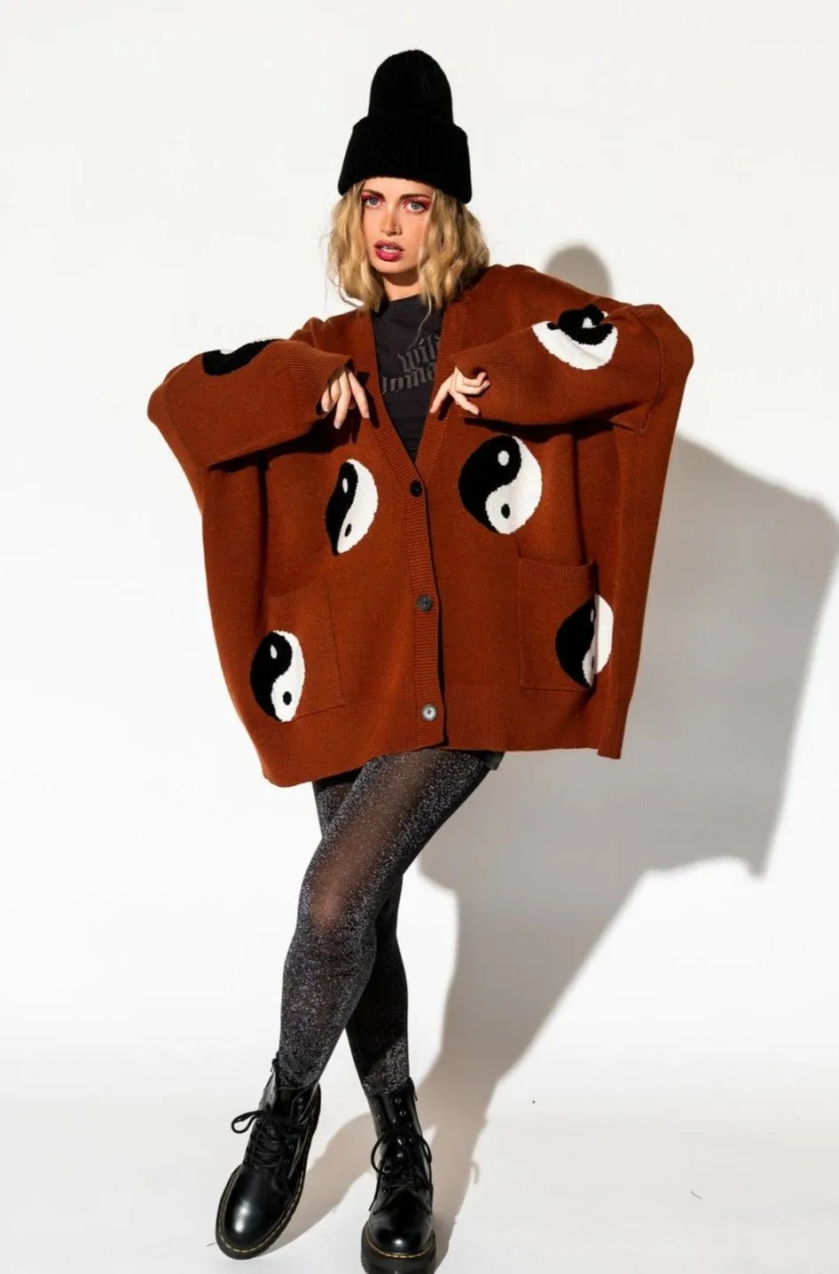 Main Character Energy Oversized Yin Yang Cardigan in Cinnamon