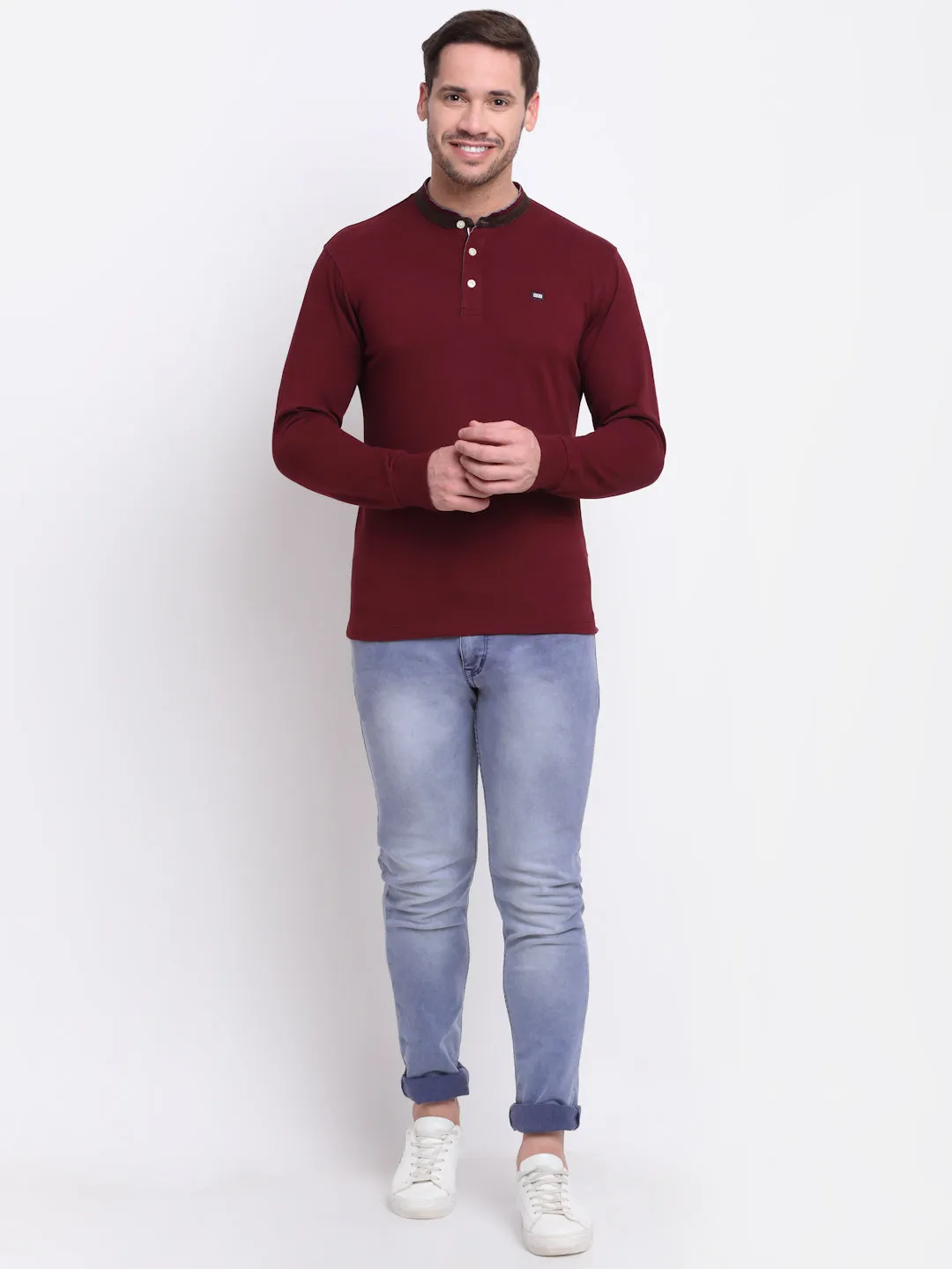 Men Band Collar Full Sleeves Winter Wear Maroon T-Shirt