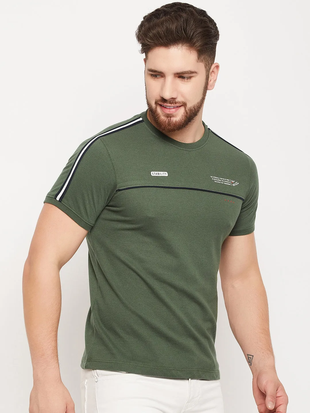 Men Olive Round Neck T-Shirt