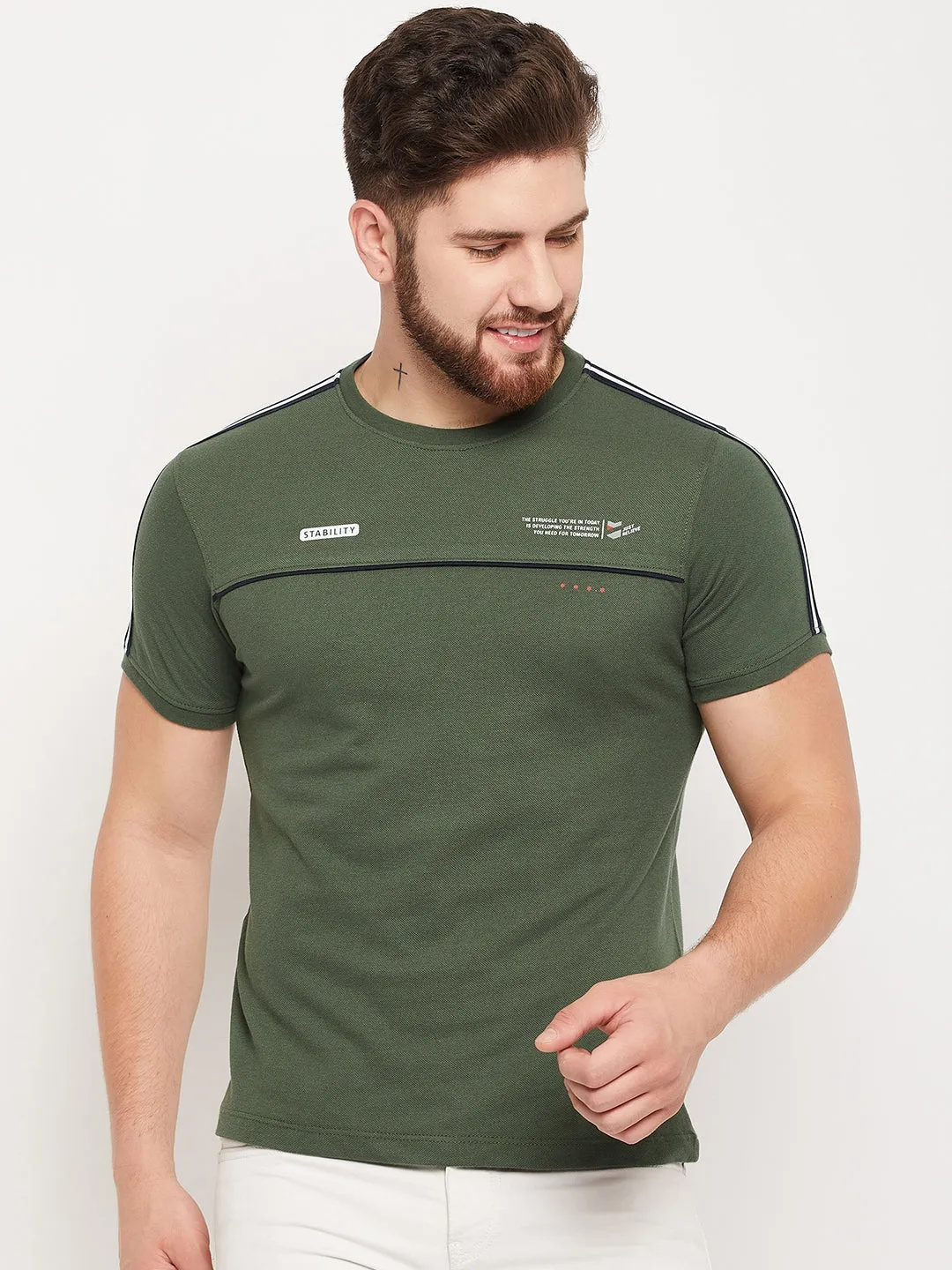 Men Olive Round Neck T-Shirt