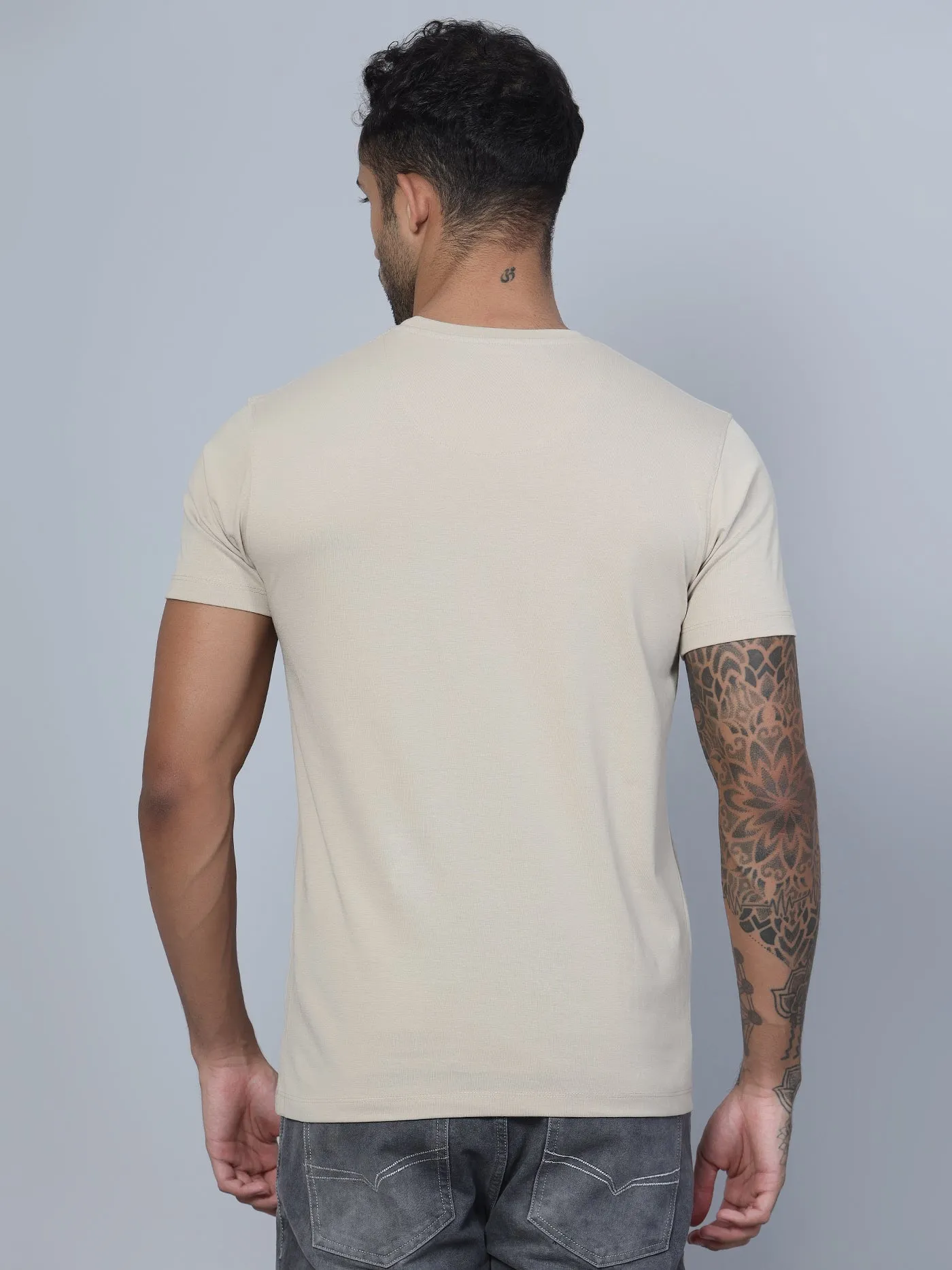 Men Round Neck Beige T-Shirt