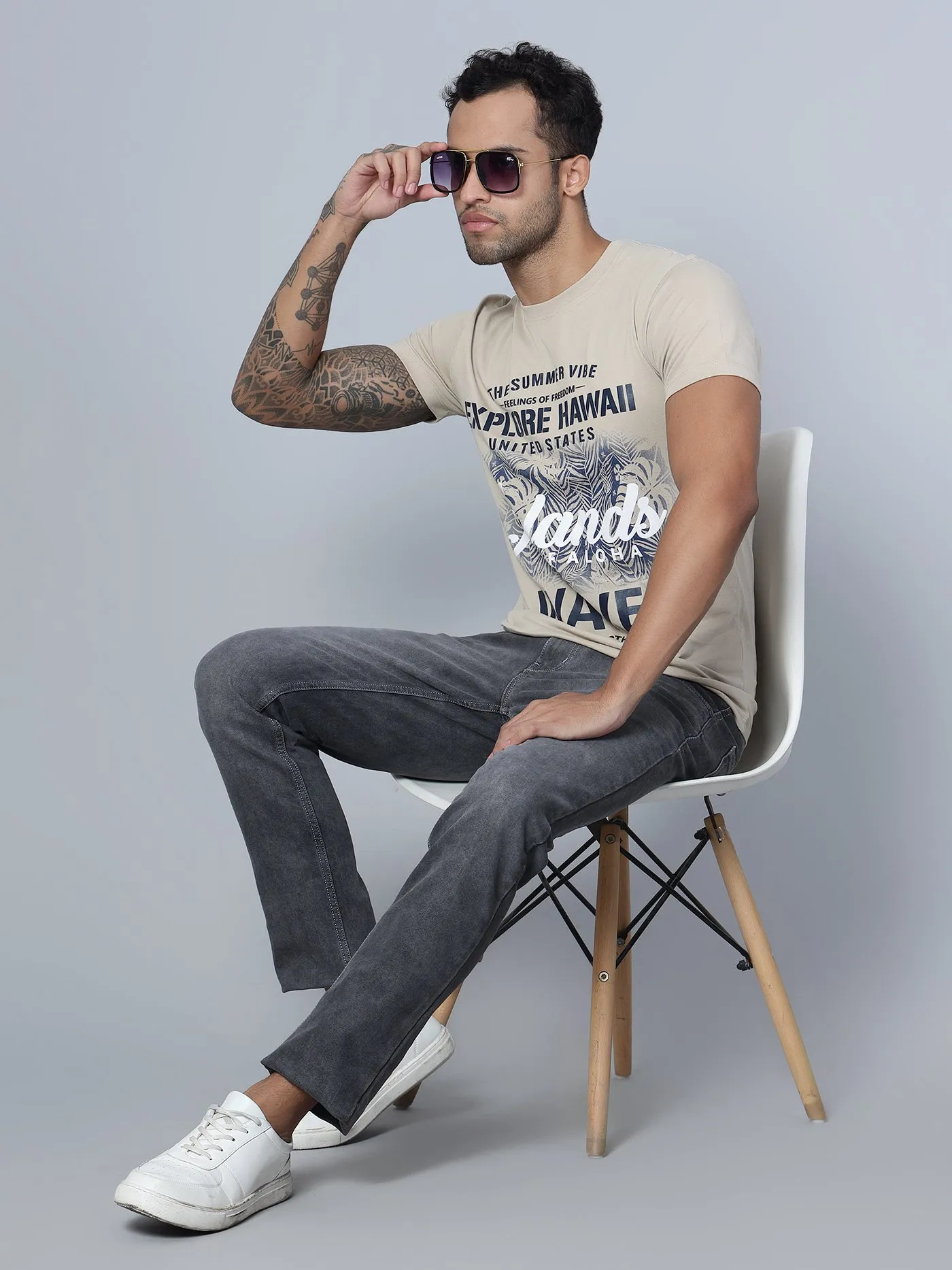 Men Round Neck Beige T-Shirt