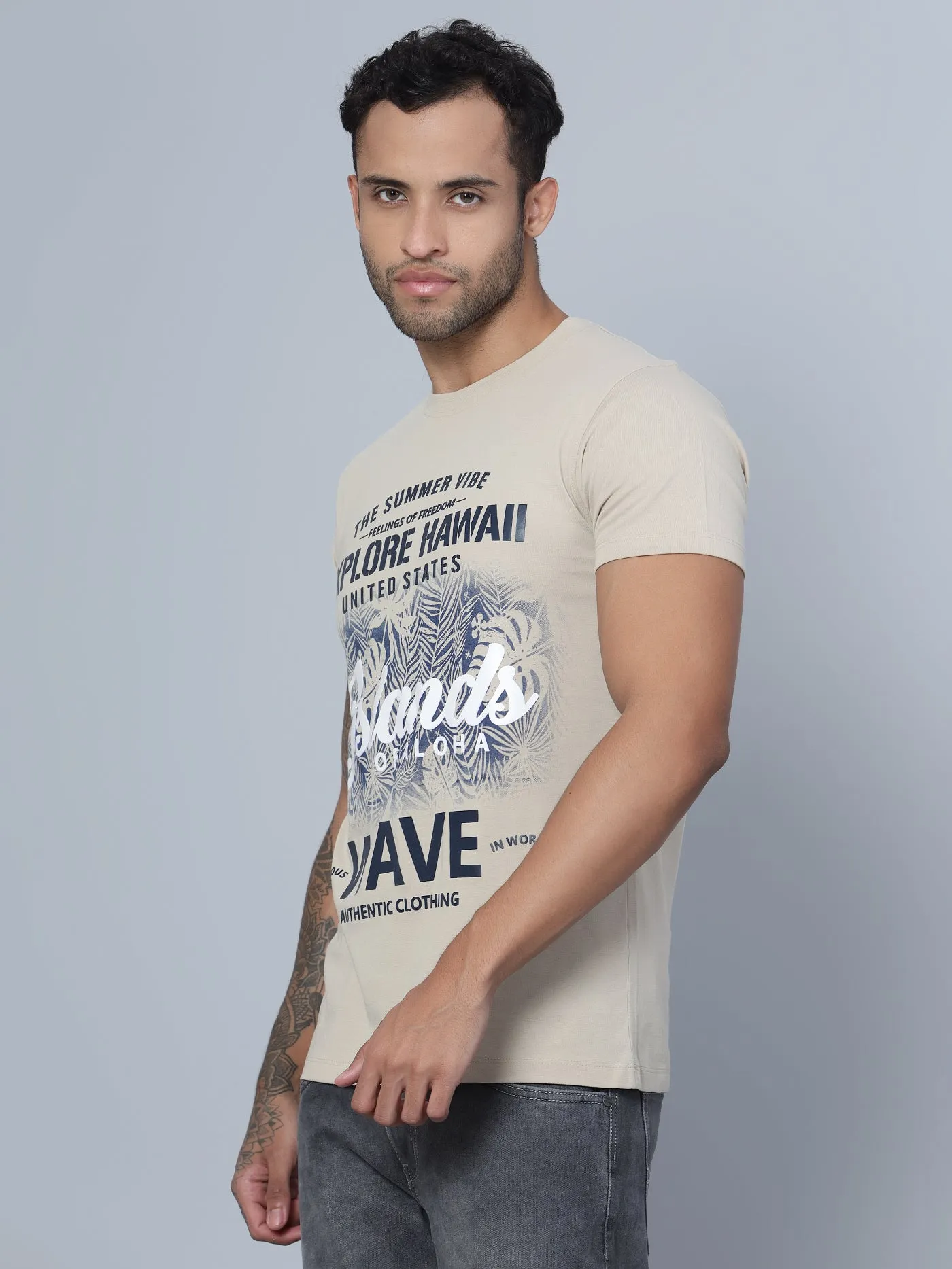 Men Round Neck Beige T-Shirt