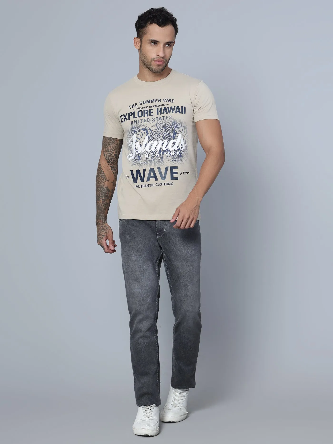 Men Round Neck Beige T-Shirt