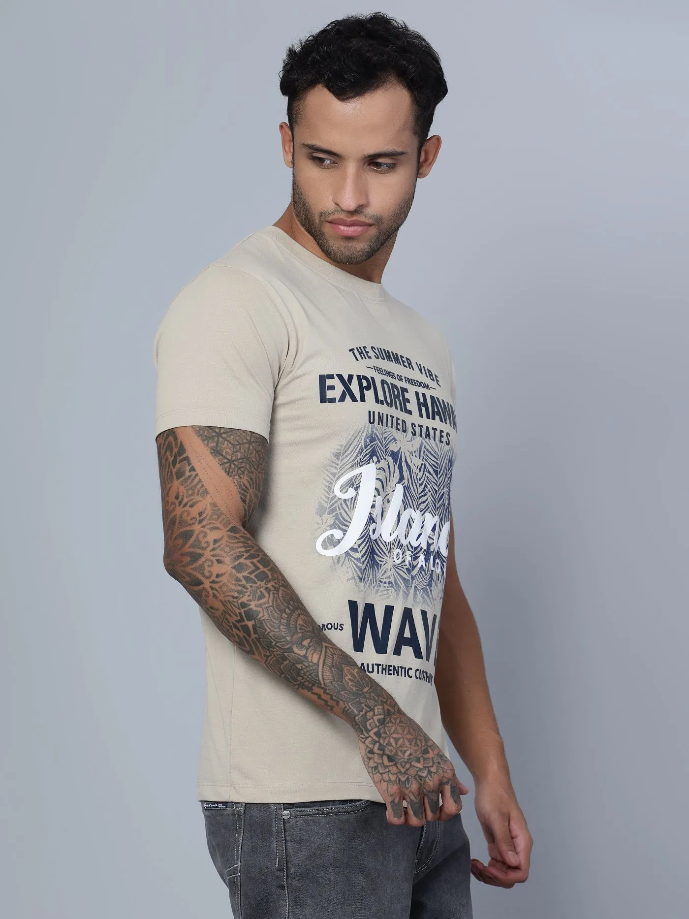 Men Round Neck Beige T-Shirt