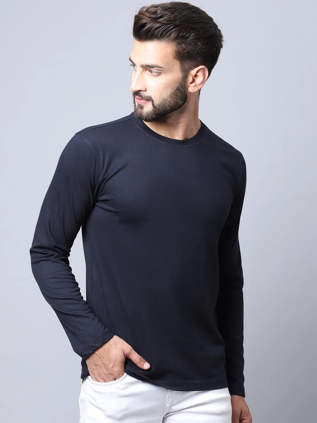 Men  Round Neck Full Sleeves Winter Wear Navy T-Shirt