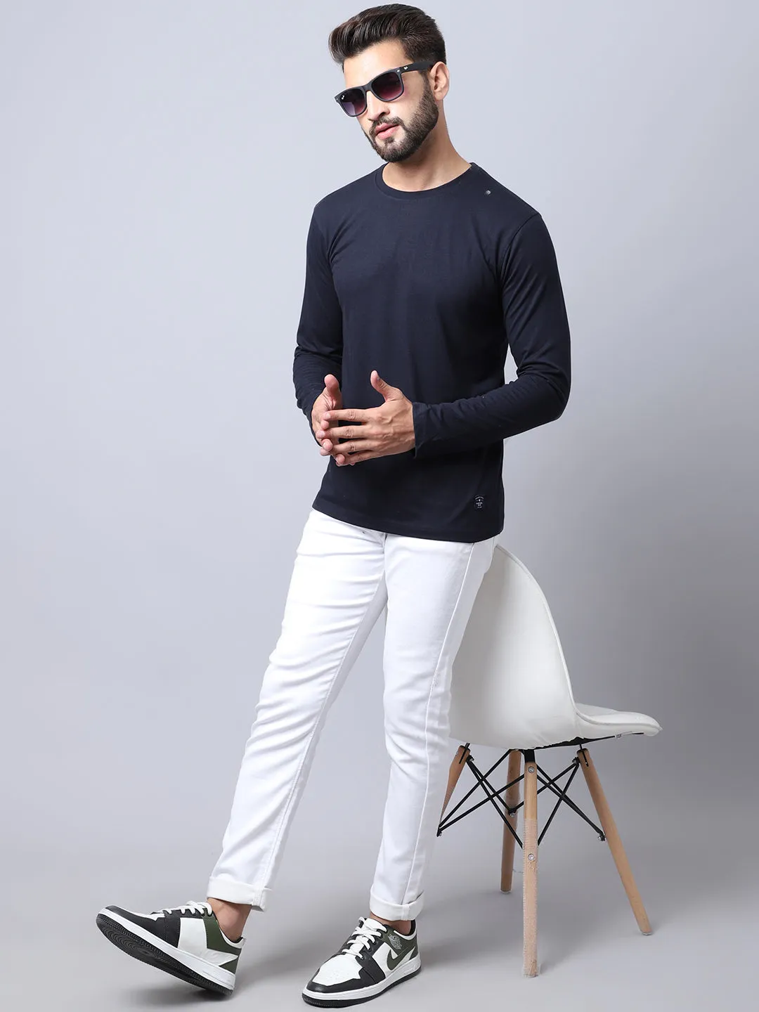 Men  Round Neck Full Sleeves Winter Wear Navy T-Shirt