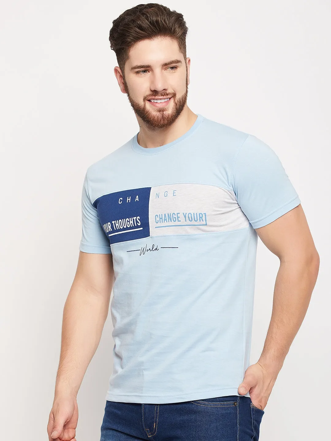 Men Sky Blue Round Neck T-Shirt