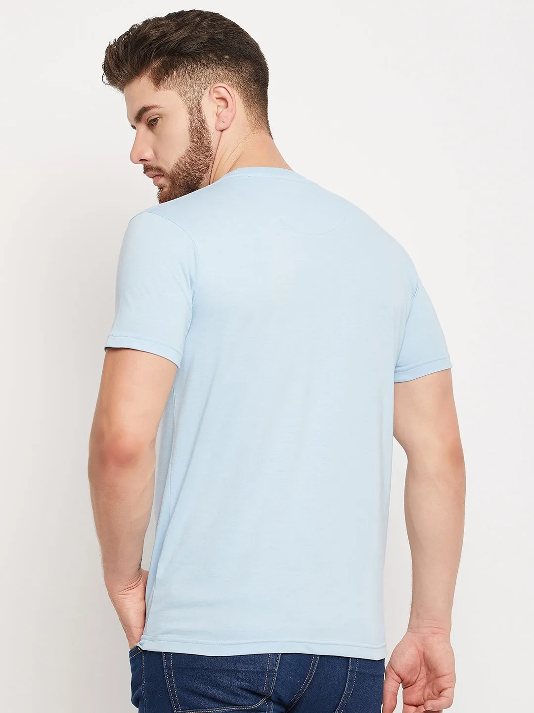 Men Sky Blue Round Neck T-Shirt