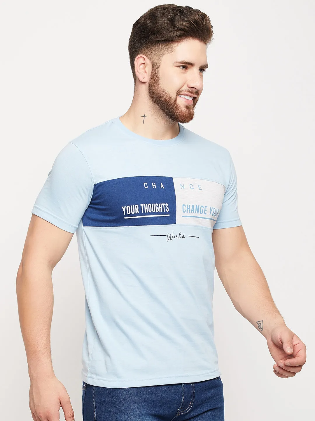 Men Sky Blue Round Neck T-Shirt