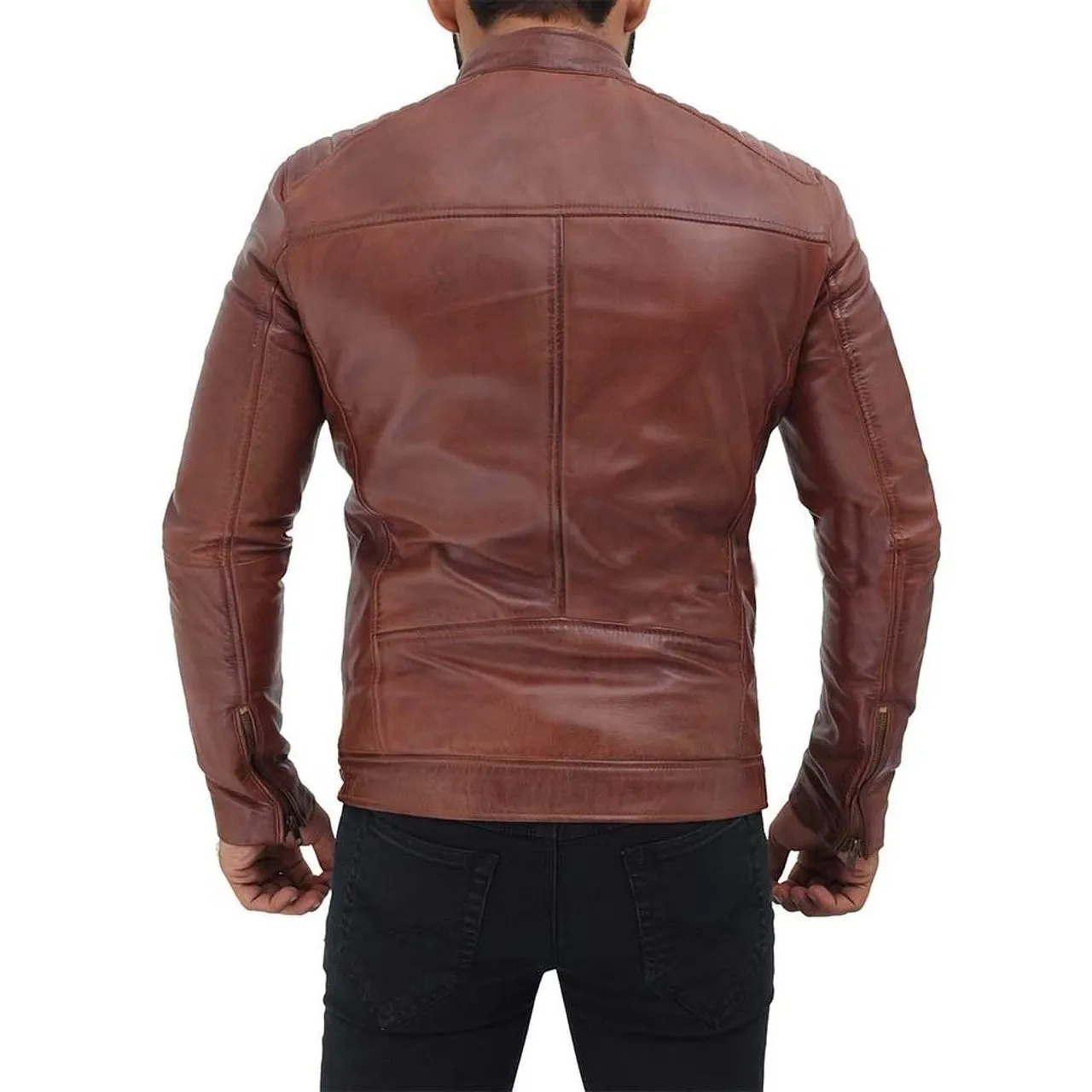 Men Tan Quilted Leather Motorcycle Jacket