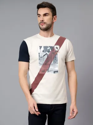 Men's Beige Printed Round Neck Half Sleeve T-shirt