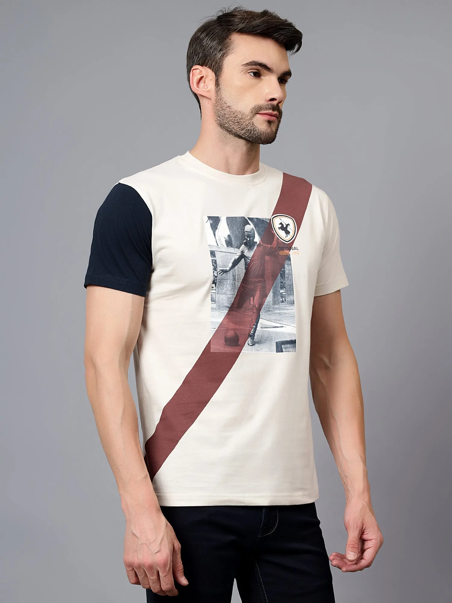 Men's Beige Printed Round Neck Half Sleeve T-shirt