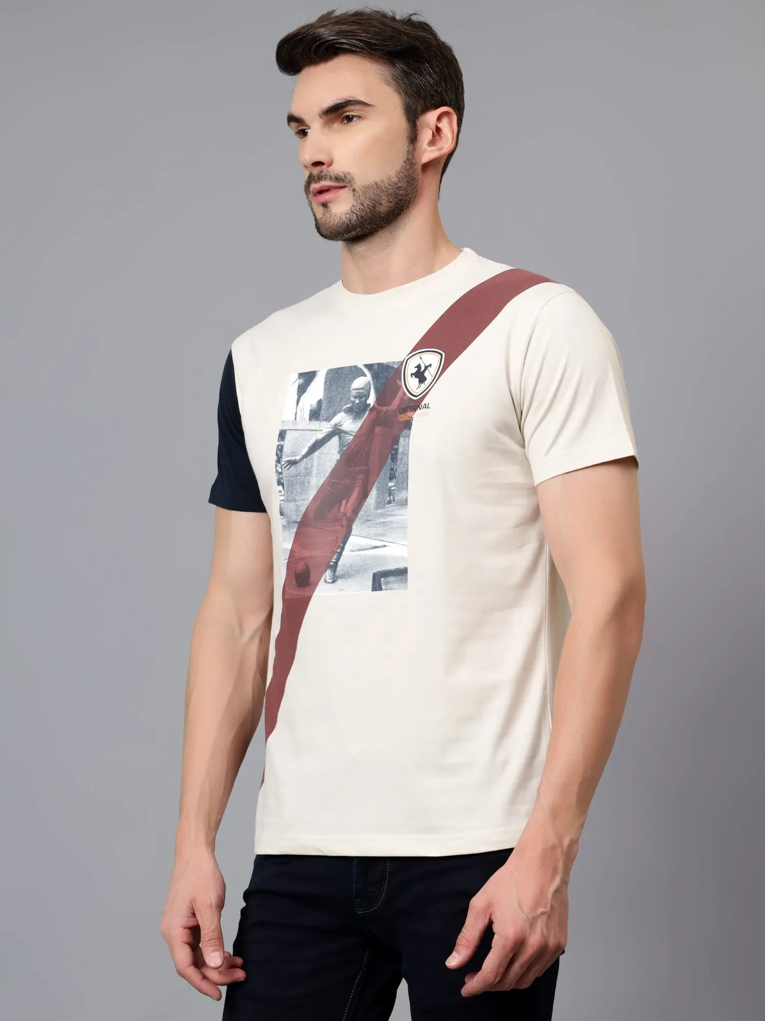 Men's Beige Printed Round Neck Half Sleeve T-shirt