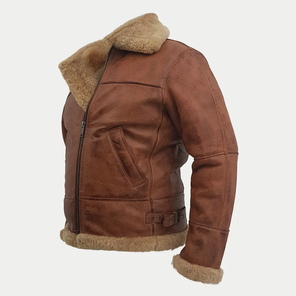 Men's Brown Fur Collar Genuine Sheepskin Pilot Aviator Bomber Leather Jacket