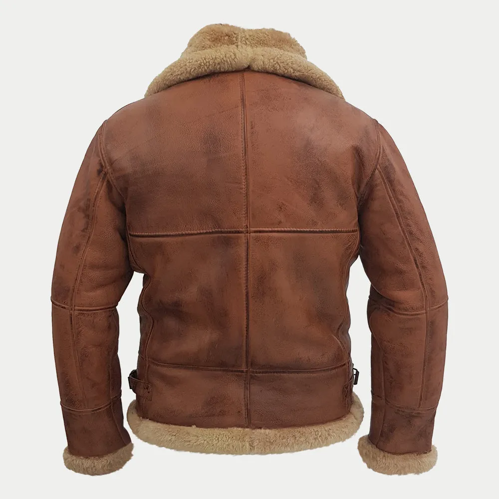 Men's Brown Fur Collar Genuine Sheepskin Pilot Aviator Bomber Leather Jacket