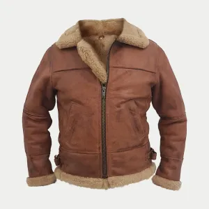 Men's Brown Fur Collar Genuine Sheepskin Pilot Aviator Bomber Leather Jacket