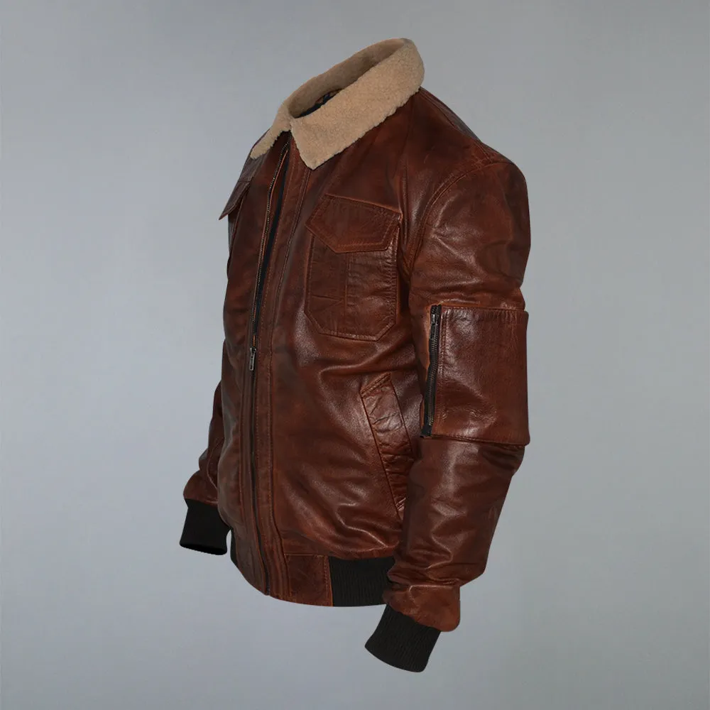 Men's Brown Fur Collar Waxed Real Sheepskin Pilot Aviator Bomber Jacket