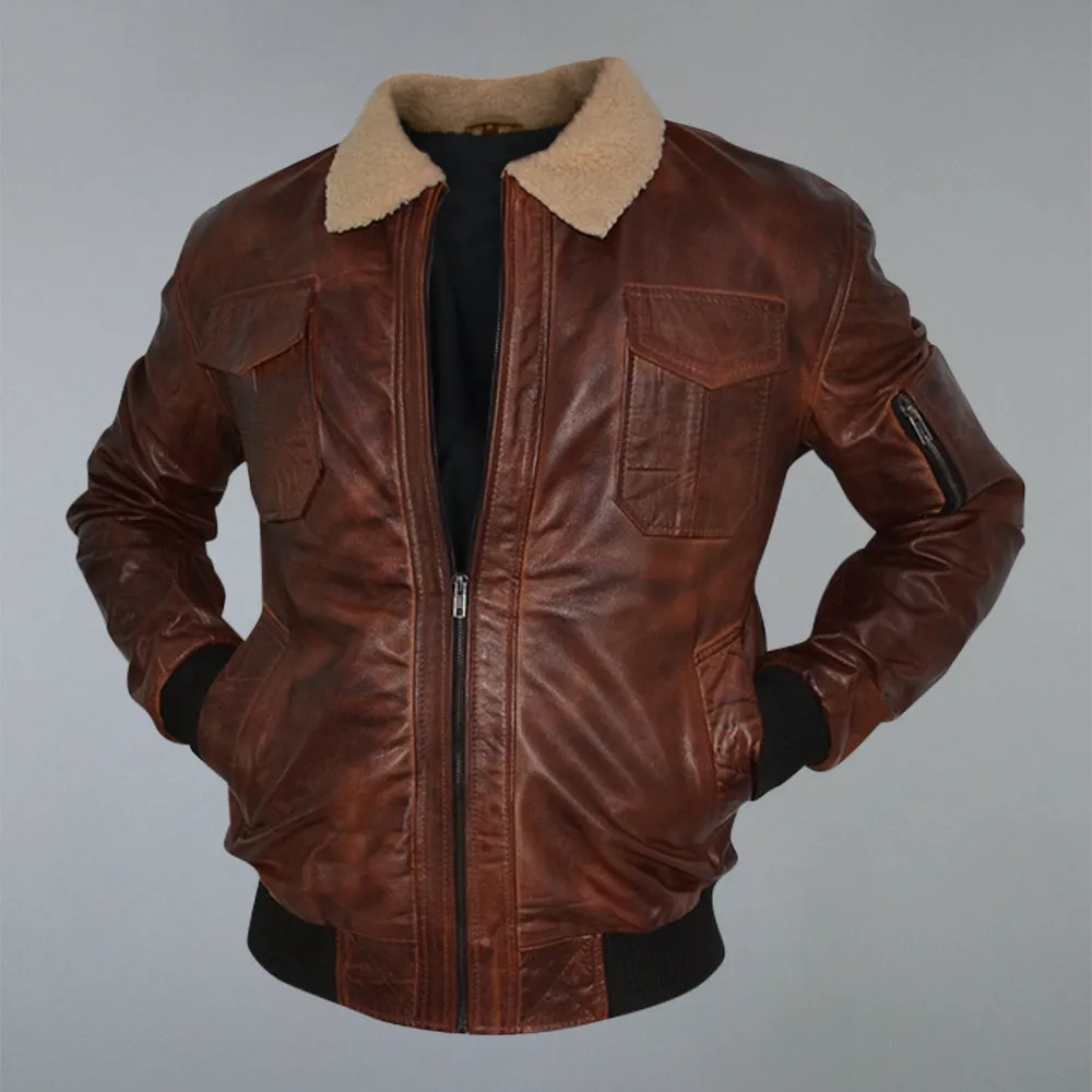 Men's Brown Fur Collar Waxed Real Sheepskin Pilot Aviator Bomber Jacket