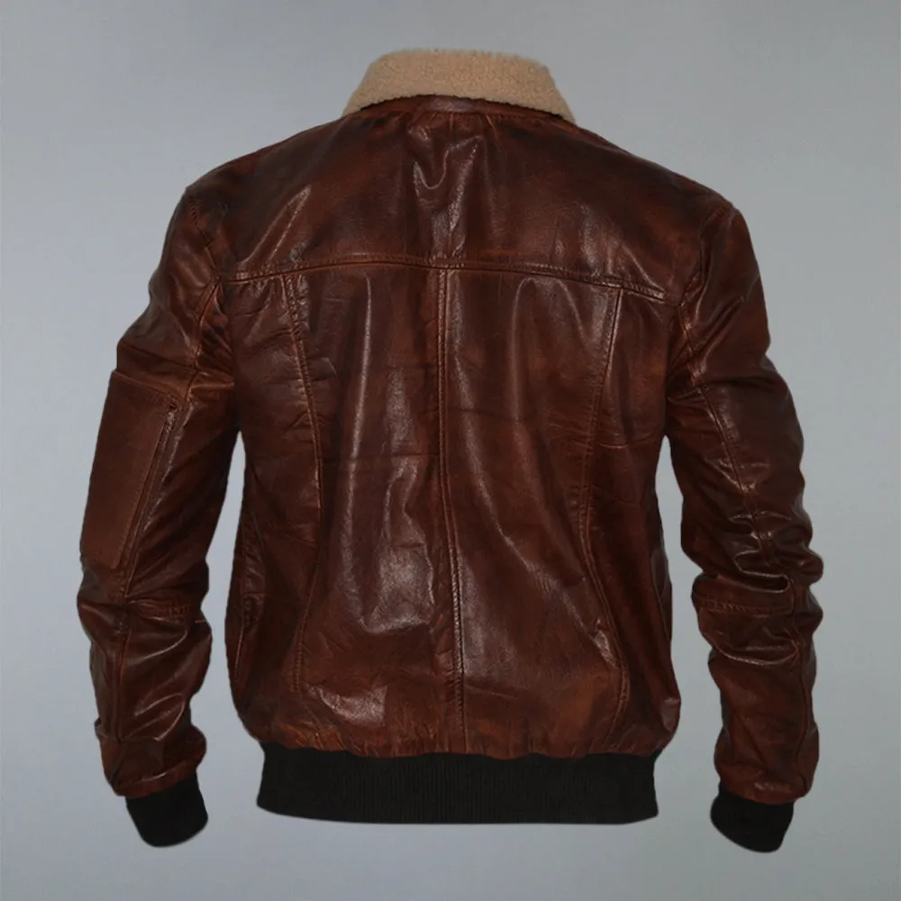 Men's Brown Fur Collar Waxed Real Sheepskin Pilot Aviator Bomber Jacket