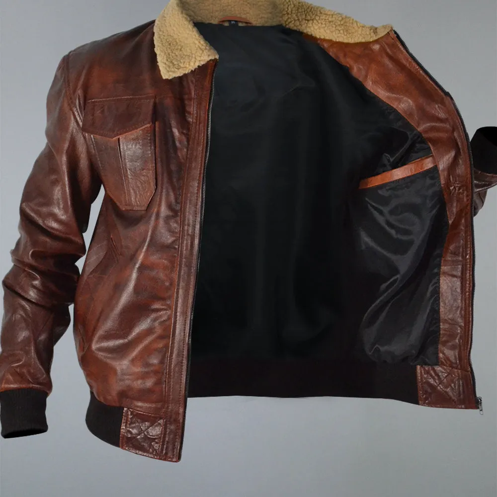 Men's Brown Fur Collar Waxed Real Sheepskin Pilot Aviator Bomber Jacket