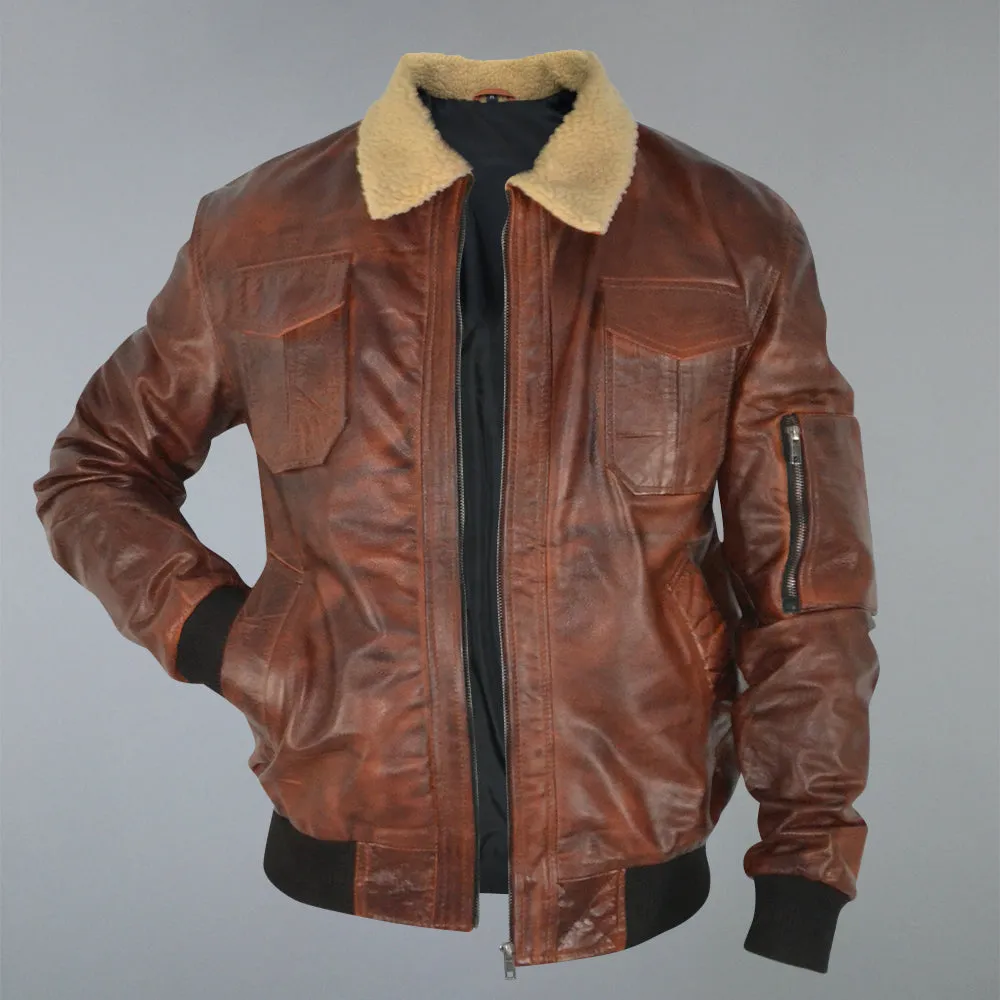 Men's Brown Fur Collar Waxed Real Sheepskin Pilot Aviator Bomber Jacket