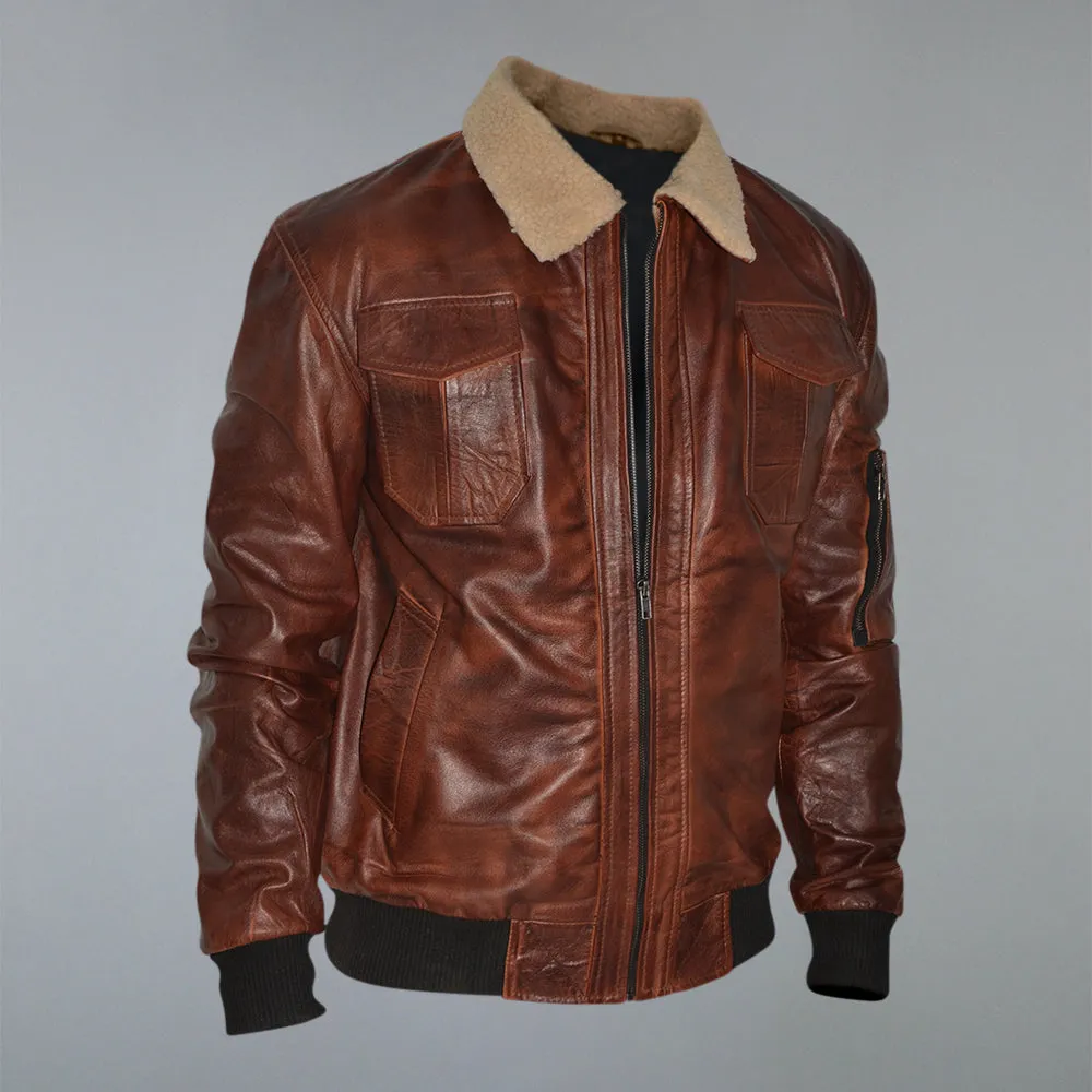 Men's Brown Fur Collar Waxed Real Sheepskin Pilot Aviator Bomber Jacket