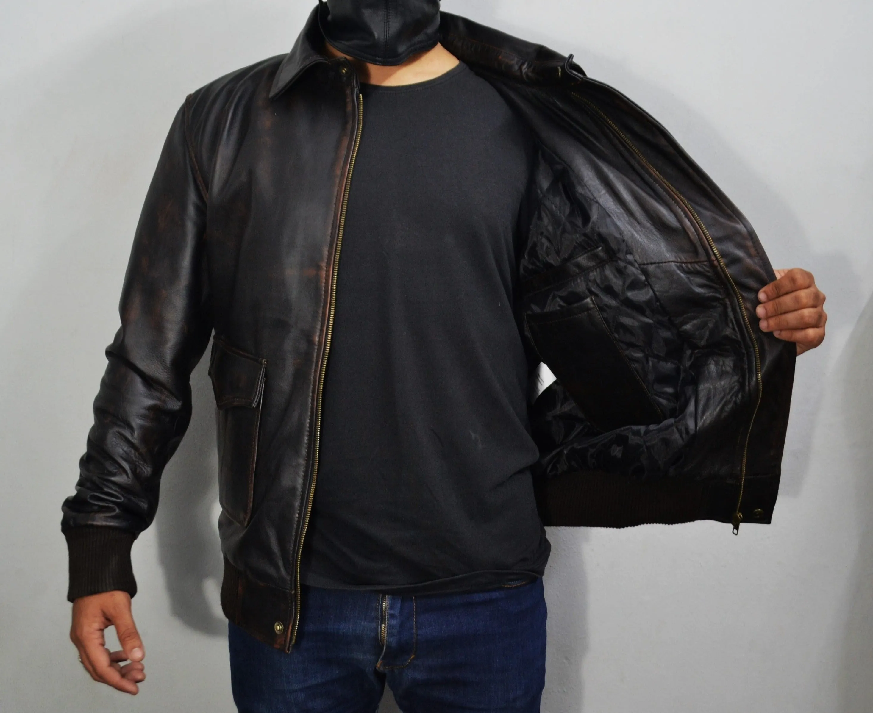 Men's Distressed Brown Bomber Aviator Pilot Genuine Leather Jacket