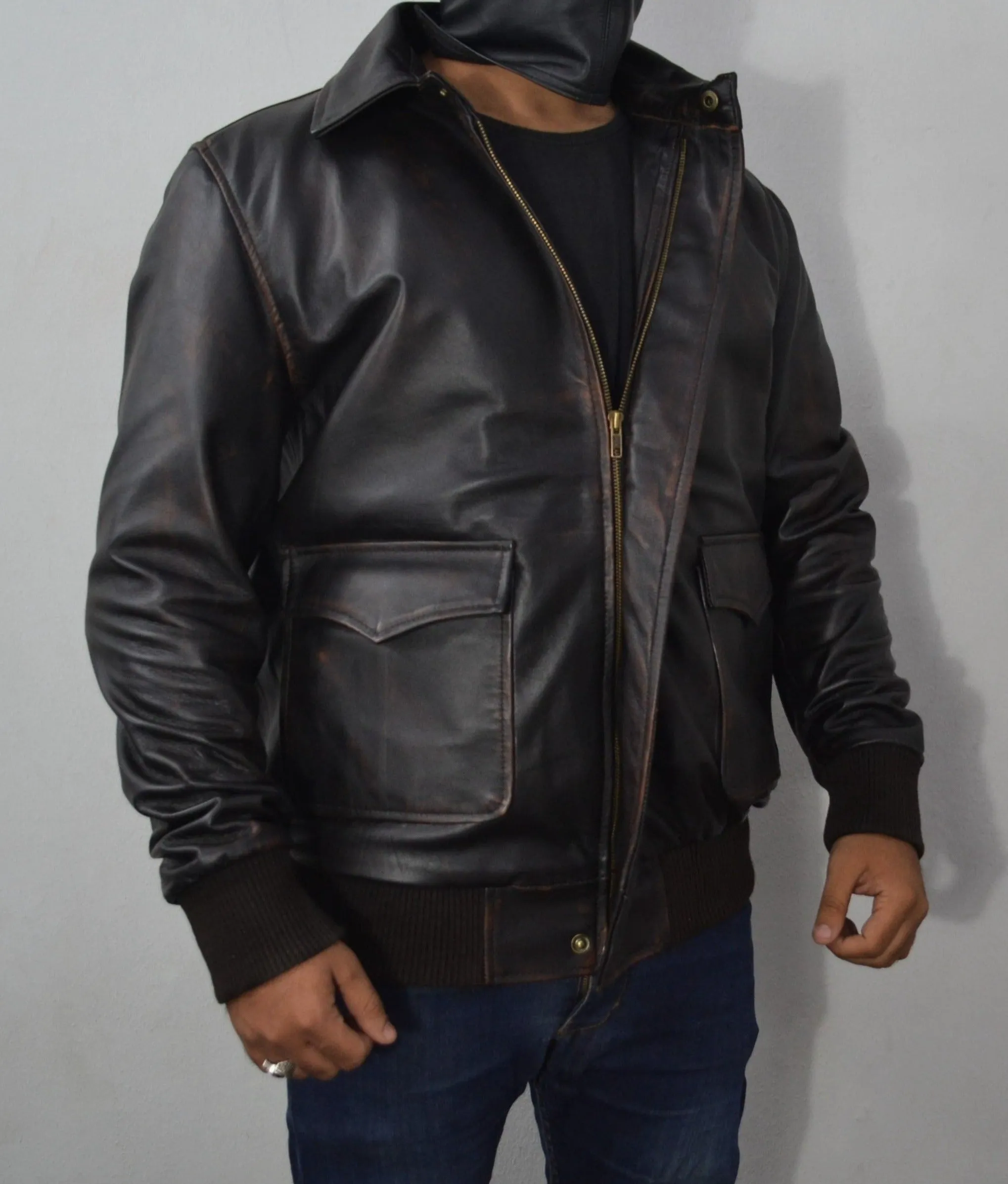 Men's Distressed Brown Bomber Aviator Pilot Genuine Leather Jacket