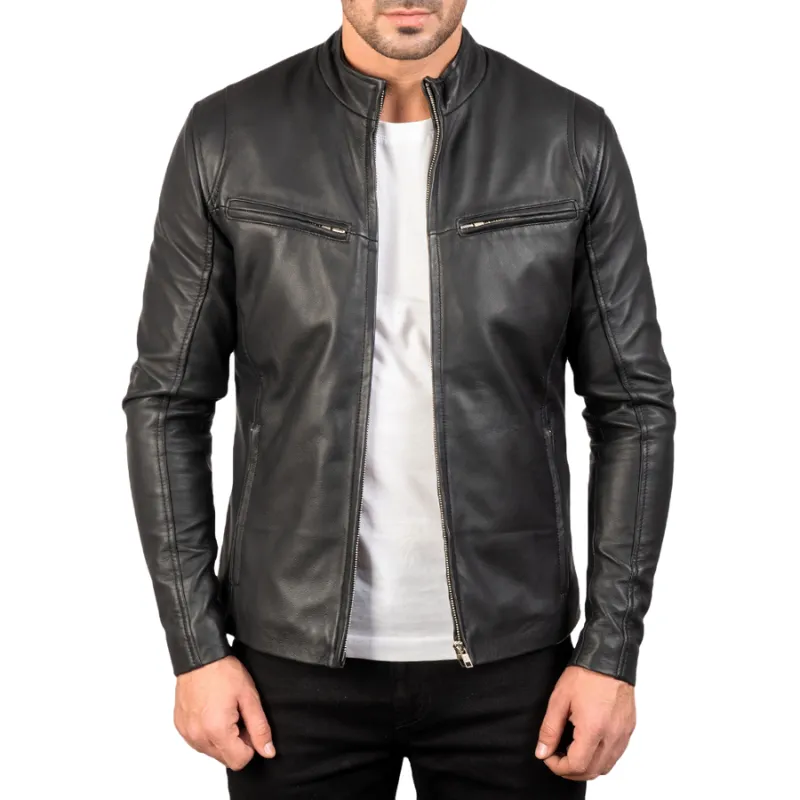 Men’s Genuine Sheepskin Leather Biker Jacket, Quilted Lining, Black