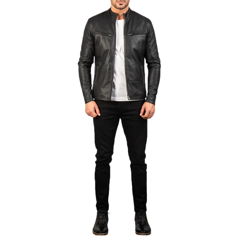 Men’s Genuine Sheepskin Leather Biker Jacket, Quilted Lining, Black