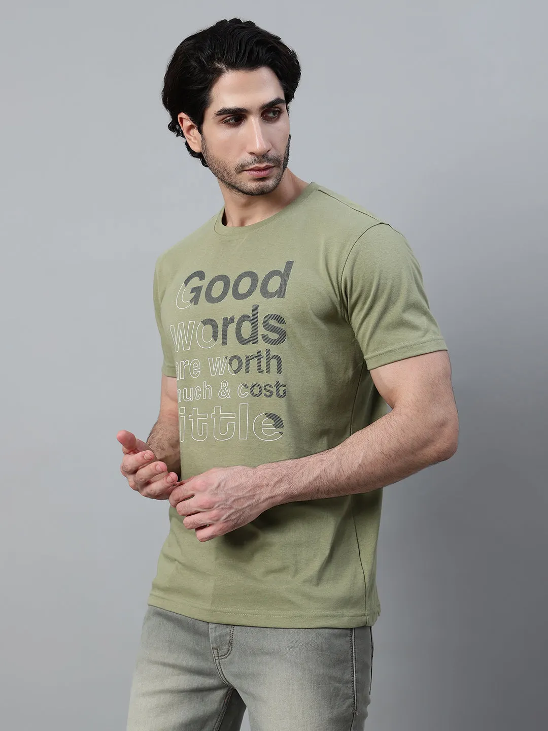 Men's Green Printed Round Neck Half Sleeve T-shirt