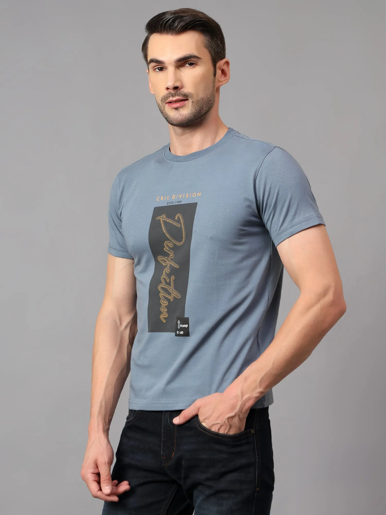 Men's Grey Printed Round Neck Half Sleeve T-shirt