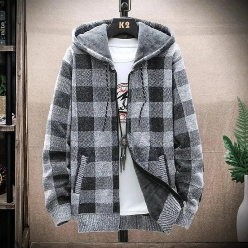 Mens Hooded Plaid Zipped Up Jacket