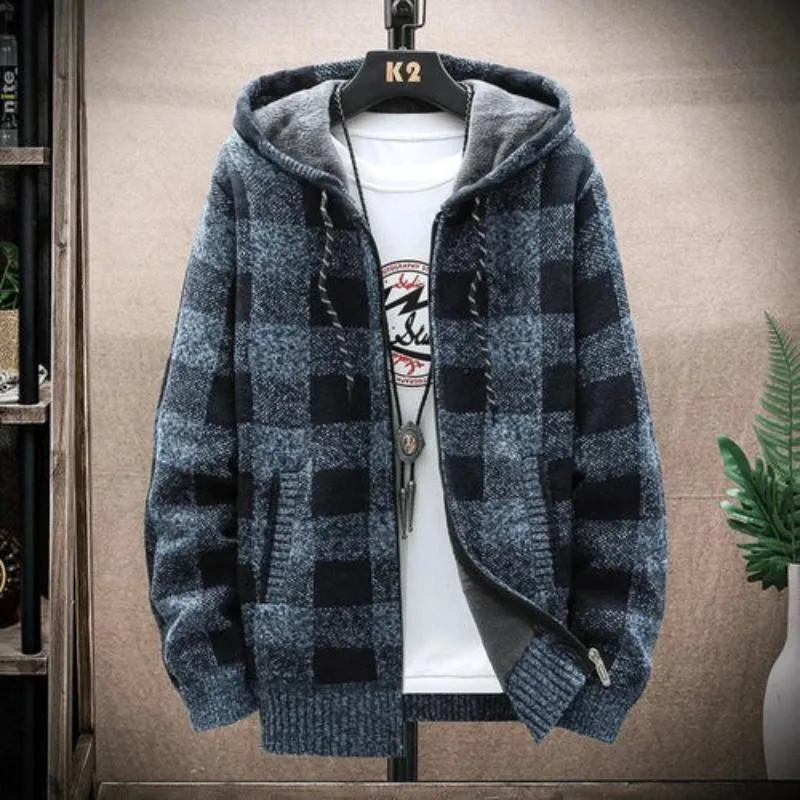 Mens Hooded Plaid Zipped Up Jacket