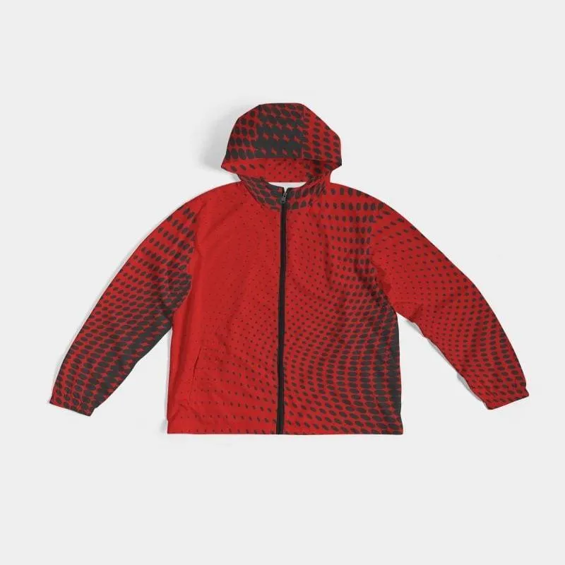 Mens Hooded Windbreaker, Red Polka Dot Water