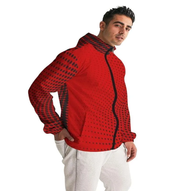 Mens Hooded Windbreaker, Red Polka Dot Water