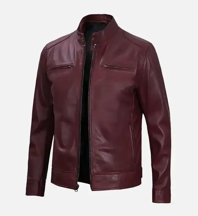 Men's Maroon Cafe Racer Premium Leather Jacket