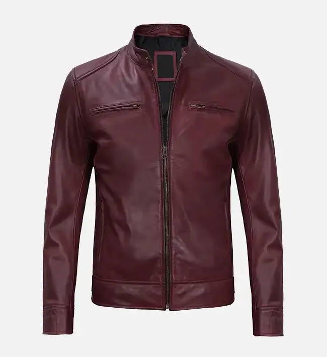 Men's Maroon Cafe Racer Premium Leather Jacket