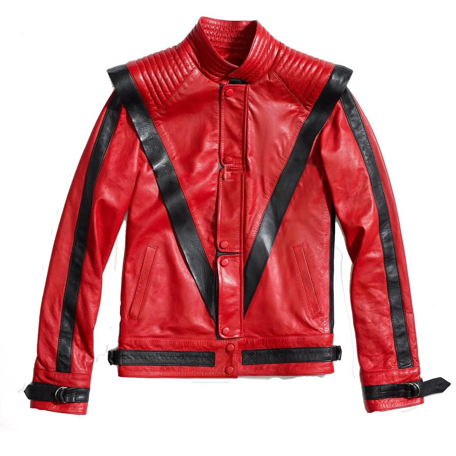 Men's Red Leather Jacket with Black Stripes MJ028